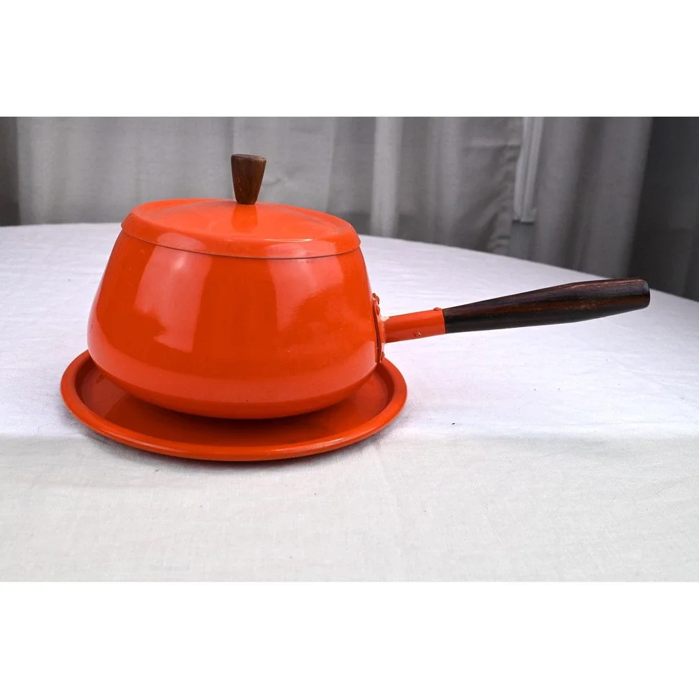 Vintage Mid Century Modern Flame Orange Japanese Fondue Pot Teak Wood Handles
